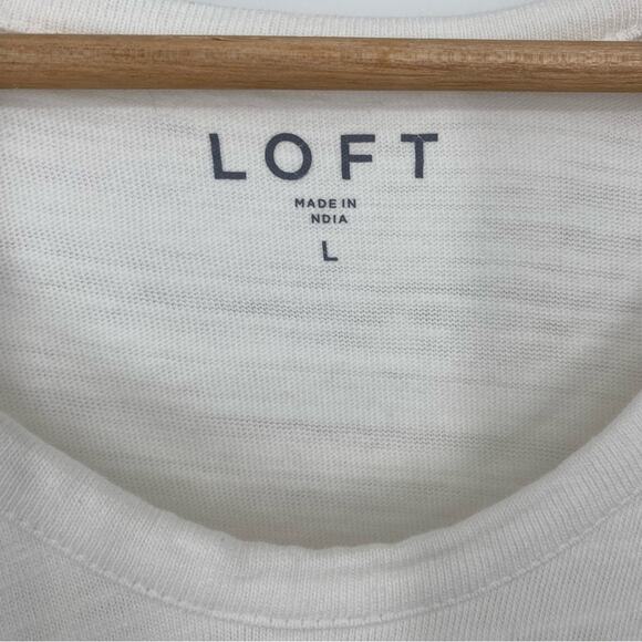 Loft Slub Knit White U-Neck 3/4 Raglan Tie Sleeve 100% Cotton Knit Top Coastal L - Picture 3 of 10